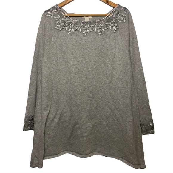 Style Co Gray Lace Scoop Neck Sweater Top Large - Picture 1 of 6